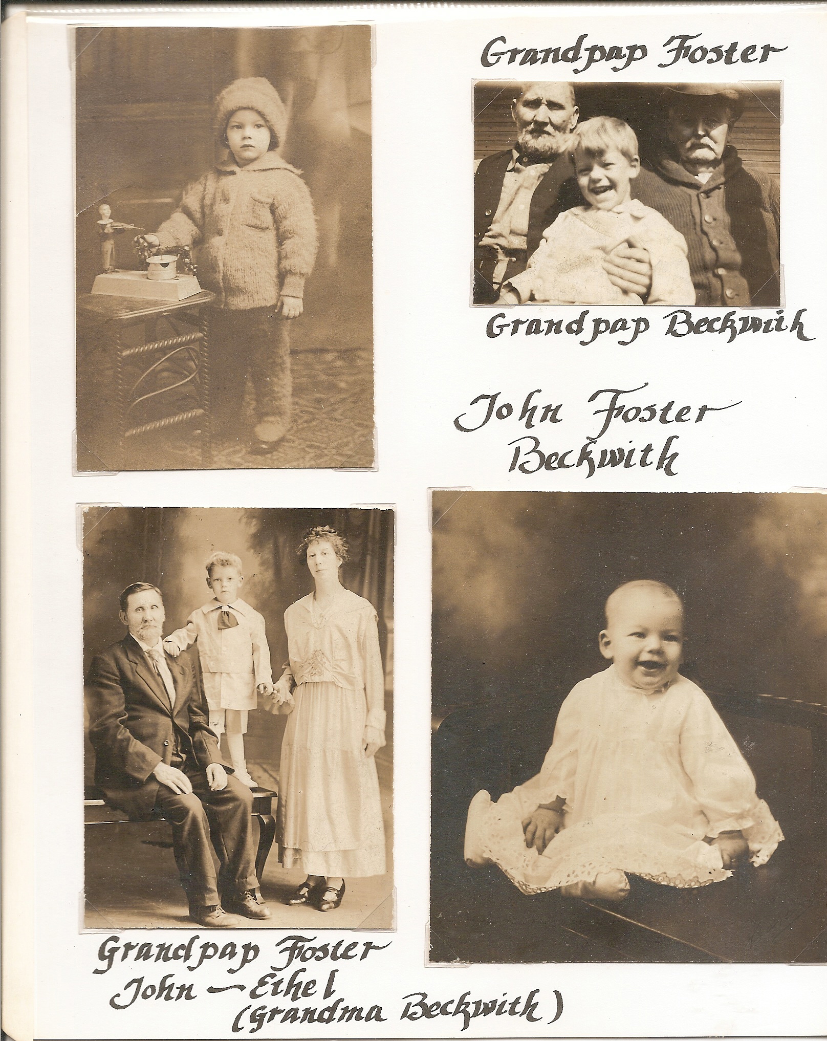An album page of four photographs, his handwritten captions